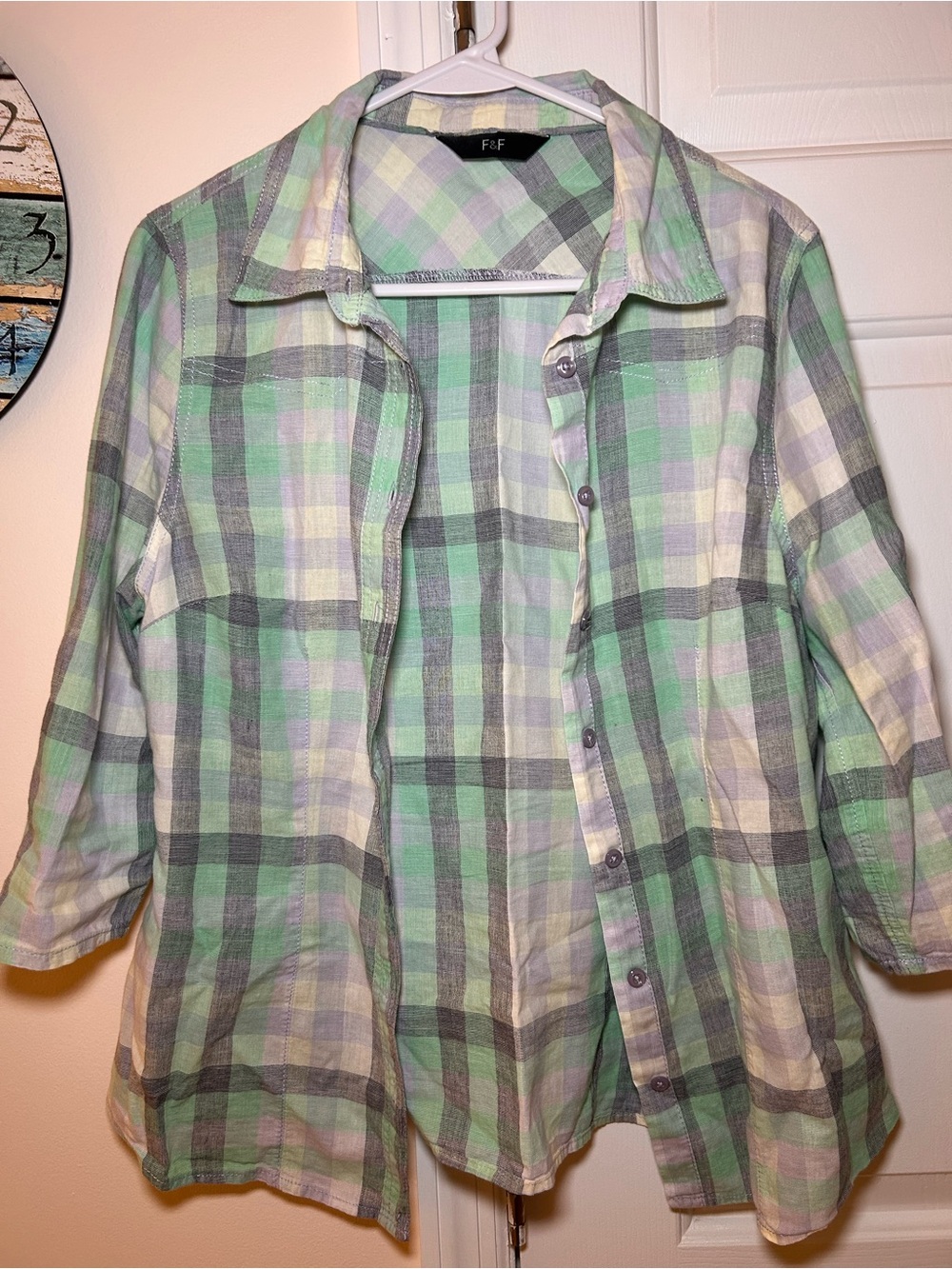 F&F Pastel Green and Gray Plaid Button-Down Shirt